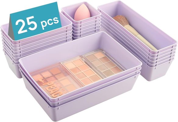 Vtopmart 25 PCS Plastic Drawer Organizers Set. 4-Size Versatile Bathroom and Vanity Drawer Organizer Trays. Storage Bins for Makeup. Bedroom. Kitchen Gadgets Utensils and Office
